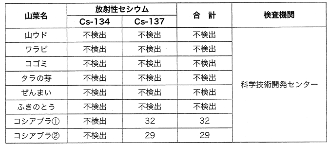 測定結果の数値の表