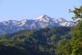 新緑に映える残雪の鳥甲山　長瀬